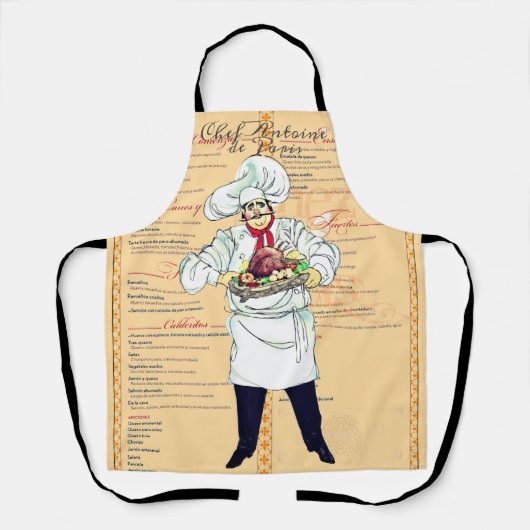 Paris France Chef Caricature Menu Text Schort (Voorkant)