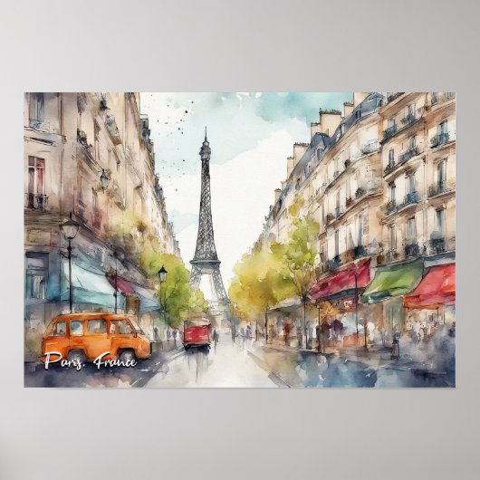 Paris France City Silhouette Waterverf Poster (Voorkant)