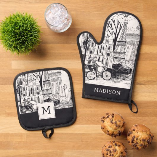Paris France Doodle Ovenwant & Pannenlap Set (Top down)