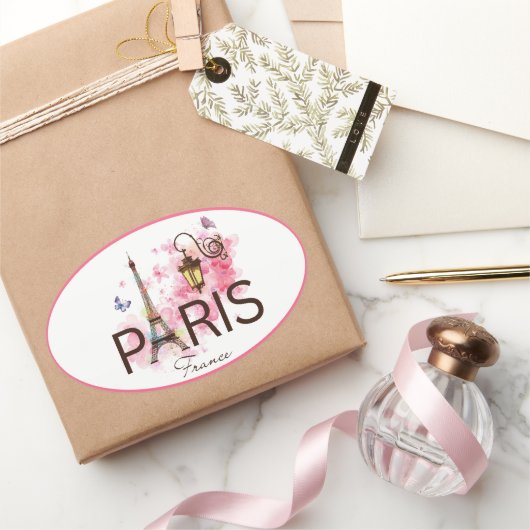 Paris France Eiffel Tower & Lamp Ovale Sticker (Geschenken)