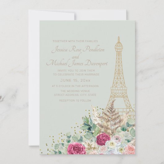 Paris France Eiffel Tower Mint Green Wedding Kaart (Voorkant)