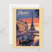 Paris France Eiffel Tower Vintage Car Sunset Briefkaart (Voorkant / Achterkant)