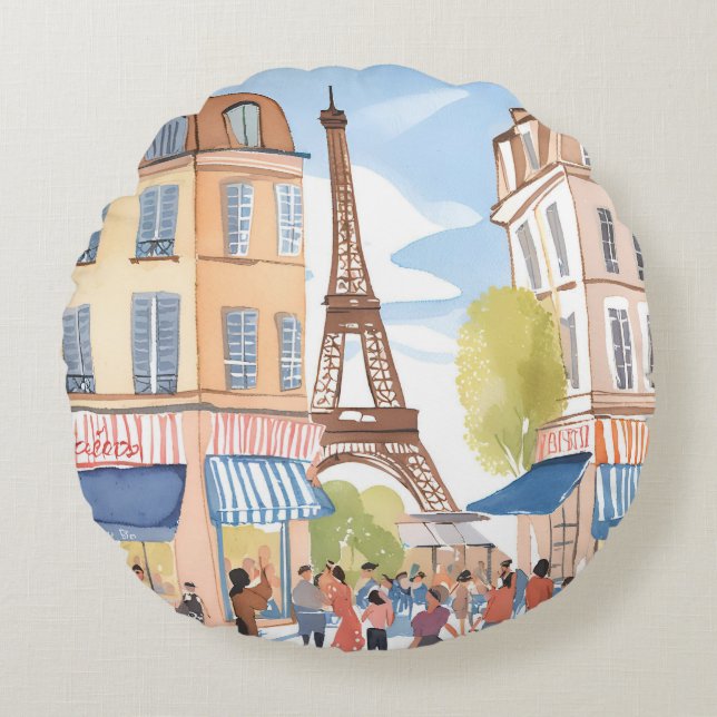 Paris France Eiffel Tower | Watercolor French Rond Kussen (Voorkant)