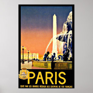 Paris France Fountain Vintage Travel Poster