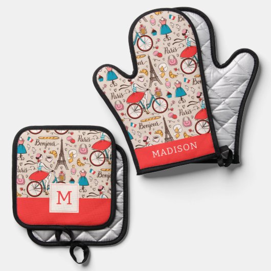 Paris France Pattern Ovenwant & Pannenlap Set (Voorkant / Achterkant)