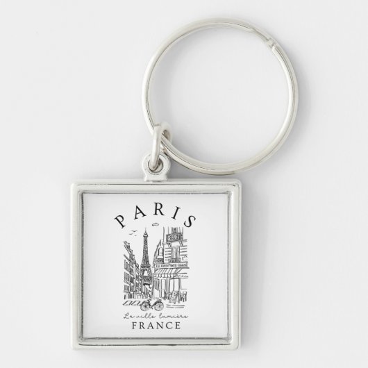 Paris France –  Sketch with Eiffel Tower & Café Sleutelhanger (Voorkant)