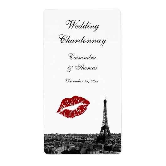 Paris France Skyline Kiss #1 BW Wijnlabel Etiket (Voorkant)