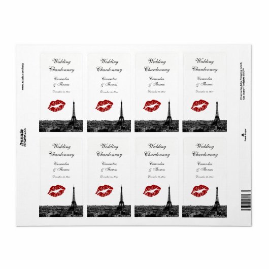 Paris France Skyline Kiss #1 BW Wijnlabel Etiket (Full Sheet)