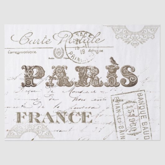 Paris France Typography  Carte Postale Bird Tissuepapier (Voorkant)