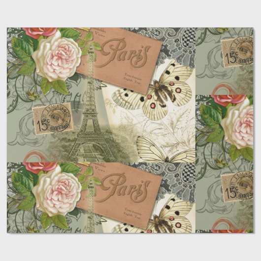 Paris Frankrijk Antiek kunstwerk Collage Eiffel Fr Cadeaupapier (Vlak)