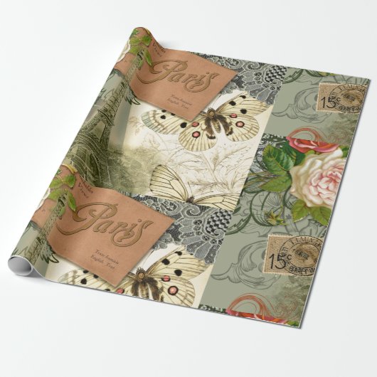 Paris Frankrijk Antiek kunstwerk Collage Eiffel Fr Cadeaupapier (Uitgerold)