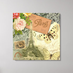 Paris Frankrijk Antiek kunstwerk Collage Eiffel Fr Canvas Afdruk