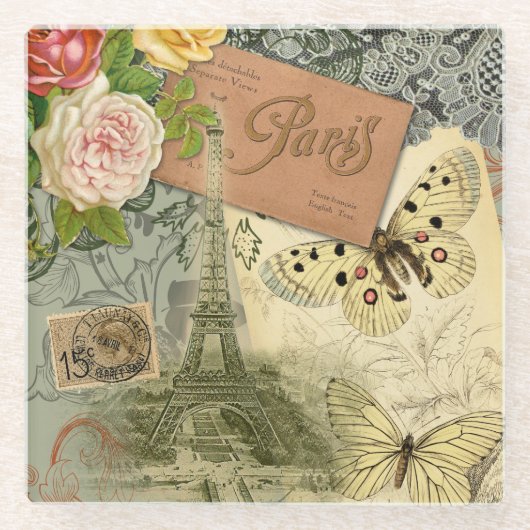 Paris Frankrijk Antiek kunstwerk Collage Eiffel Fr Glazen Onderzetter (Voorkant)