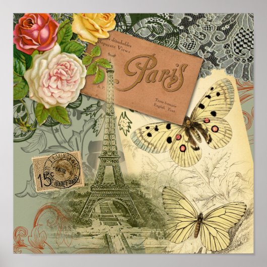 Paris Frankrijk Antiek kunstwerk Collage Eiffel Fr Poster (Voorkant)
