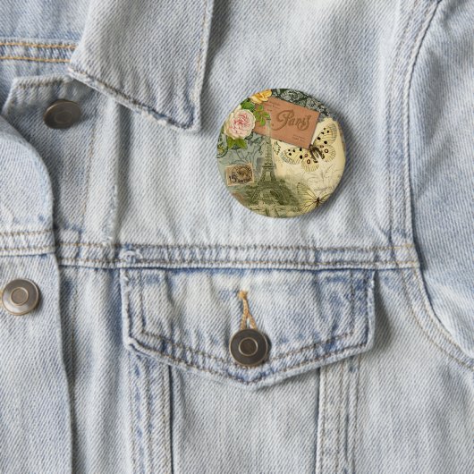 Paris Frankrijk Antiek kunstwerk Collage Eiffel Fr Ronde Button 5,7 Cm (In situ)