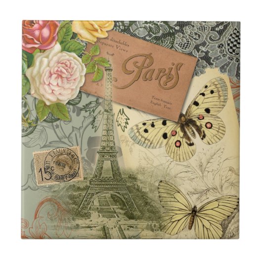 Paris Frankrijk Antiek kunstwerk Collage Eiffel Fr Tegeltje (Voorkant)