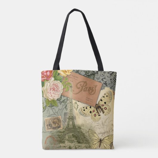 Paris Frankrijk Antiek kunstwerk Collage Eiffel Fr Tote Bag (Achterkant)