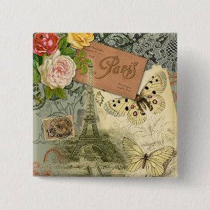 Paris Frankrijk Antiek kunstwerk Collage Eiffel Fr Vierkante Button 5,1 Cm