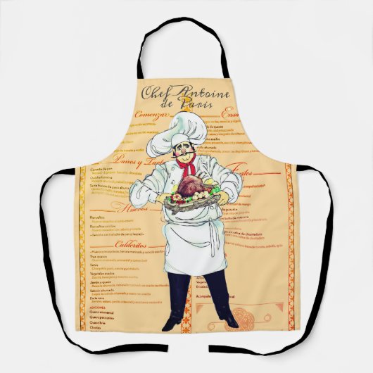Paris Frankrijk Chef Caricatuur Menu Tekst Schort (Voorkant)