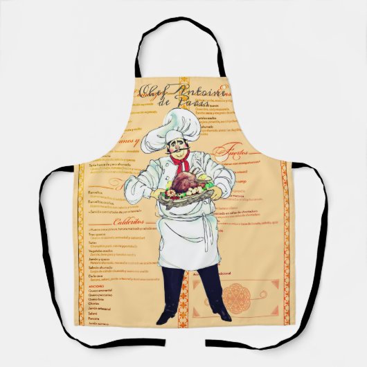 Paris Frankrijk Chef Caricatuur Menu Tekst Schort (Voorkant)