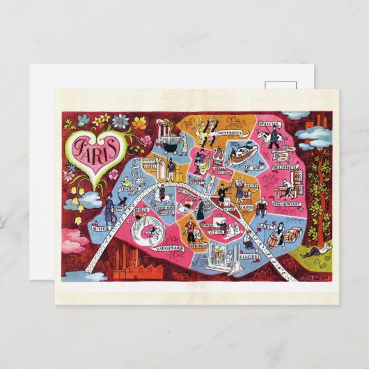 Paris Frankrijk  Colorful Map Briefkaart (Voorkant / Achterkant)