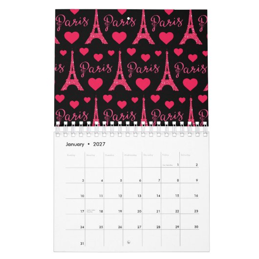 Paris Frankrijk Eiffeltoren Roze Harten Glitters Kalender (Jan 2027)
