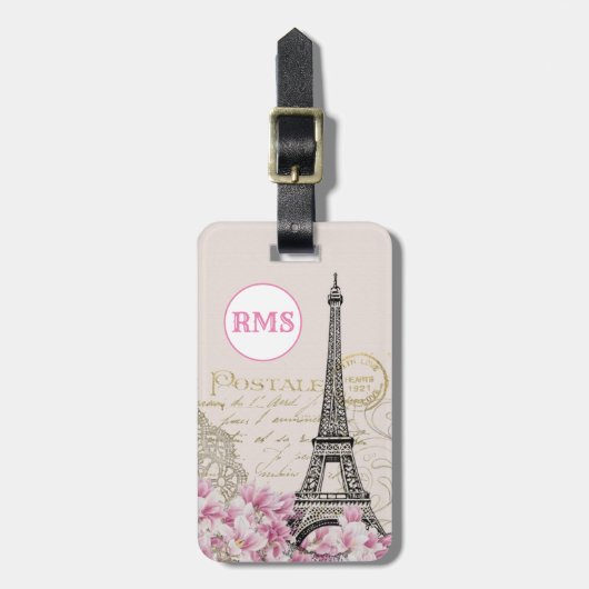 Paris Frankrijk Eiffeltoren roze monogram Bagagelabel (Voorkant verticaal)