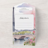 Paris Frankrijk Romantische Waterverf Roze Eiffelt All In One Uitnodiging (Buitenkant)