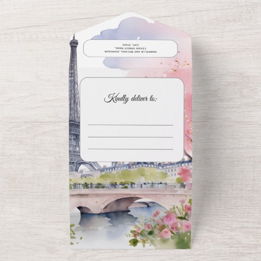 Paris Frankrijk Romantische Waterverf Roze Eiffelt All In One Uitnodiging (Buitenkant)