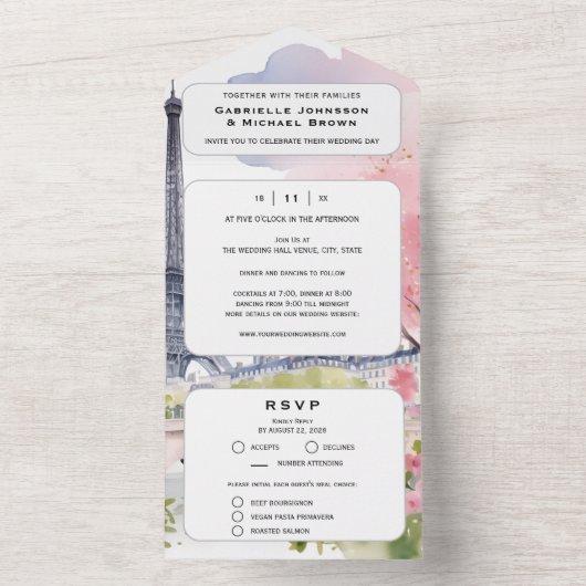 Paris Frankrijk Romantische Waterverf Roze Eiffelt All In One Uitnodiging (Binnen)