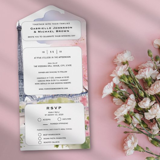 Paris Frankrijk Romantische Waterverf Roze Eiffelt All In One Uitnodiging