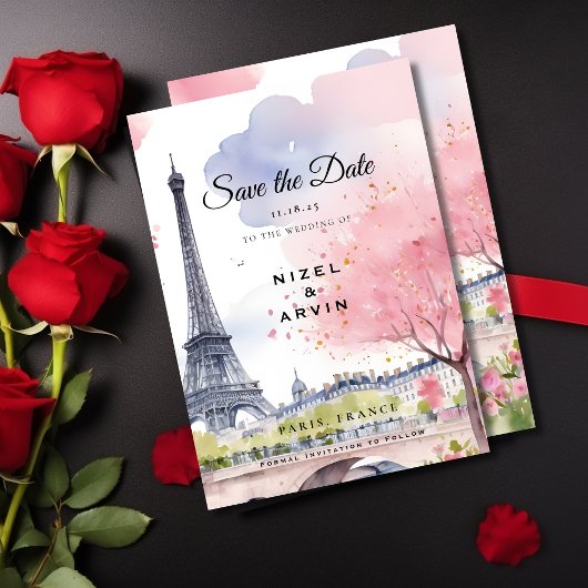 Paris Frankrijk Romantische Waterverf Roze Eiffelt Save The Date