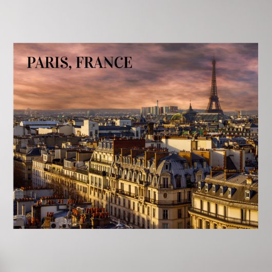 Paris Frankrijk Skyline Eiffel Tower Pink Sky Poster (Voorkant)