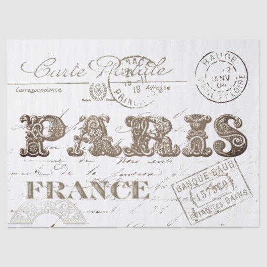 Paris Frankrijk Typografie Carte Postale Aged Tissuepapier (Voorkant)