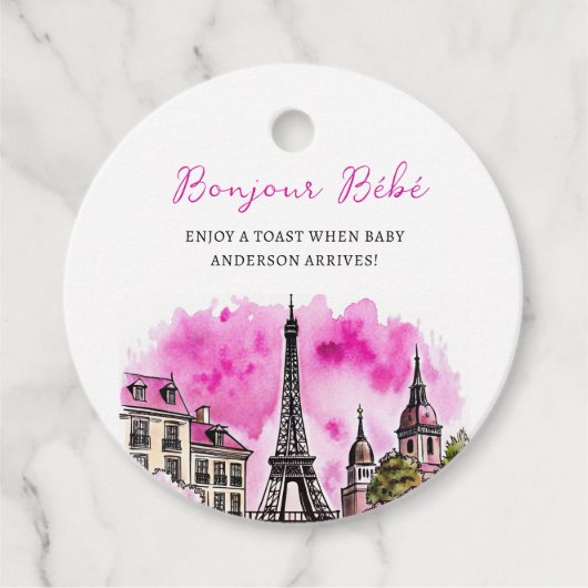 Paris Frans Bonjour Bebe Roze Zwart Baby shower Bedankjes Labels (Voorkant)
