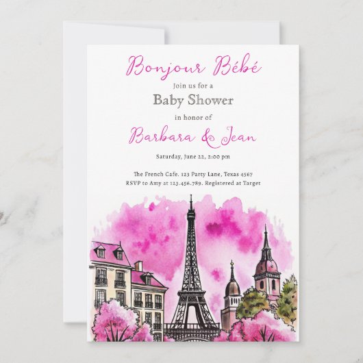 Paris Frans Bonjour Bebe Roze Zwart Baby shower Kaart (Voorkant)