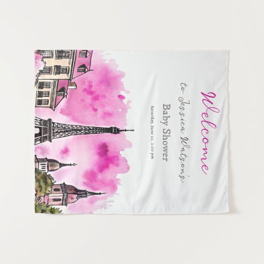 Paris Frans Bonjour Bebe Roze Zwart Baby shower Wandkleed (Voorkant (horizontaal))