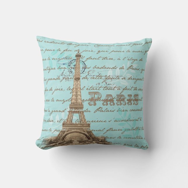 Paris  Frans Schrijven Aqua Pillow Kussen (Voorkant)
