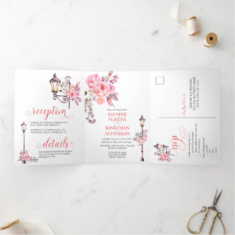 Paris geïnspireerde roze Waterverf Flowers Wedding Drieluik Uitnodiging