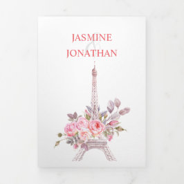 Paris geïnspireerde roze Waterverf Flowers Wedding Drieluik Uitnodiging