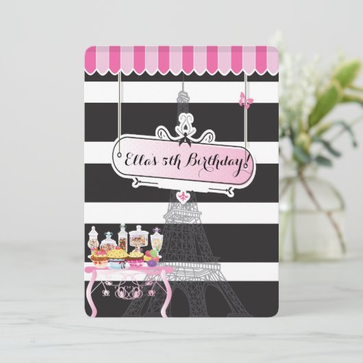Paris Glam CandyLand Verjaardagsfeestje Uitnodigin Kaart (Staand voorkant)