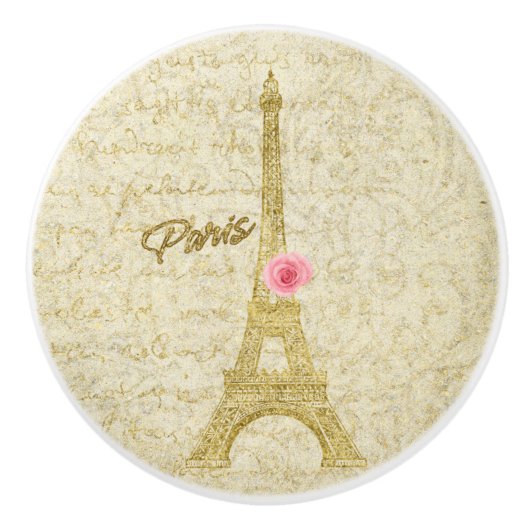 Paris Golden Eiffel Tower & Pink Rose Elegant Keramische Knop (Voorkant)