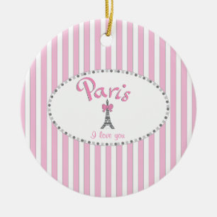 "Paris I Love You" — roze strepen Keramisch Ornament