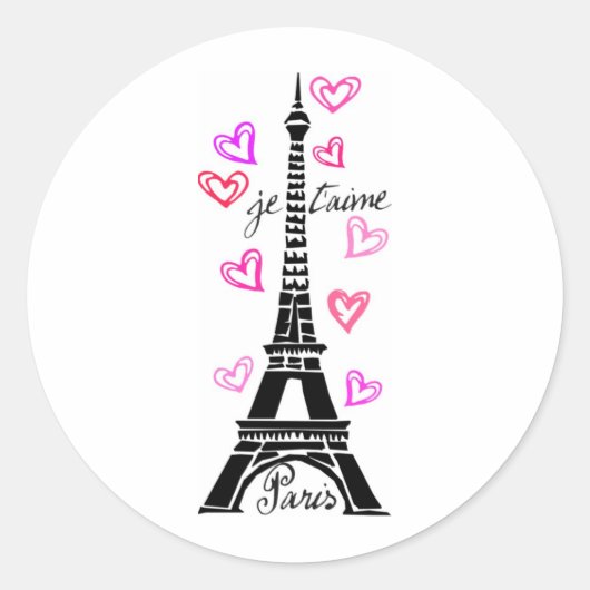 PARIS JE T'AIME EIFFEL EN PINK HEARTS RONDE STICKER (Voorkant)