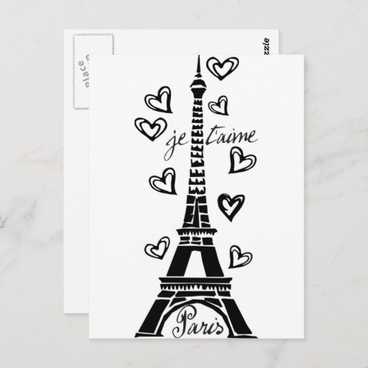 PARIS JE T'AIME EIFFEL TOWER EN HEARTS PRINT BRIEFKAART (Voorkant / Achterkant)