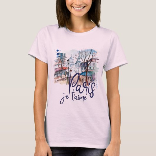 Paris Je t'aime Waterverf Calligraphy France Art T-shirt (Voorkant)