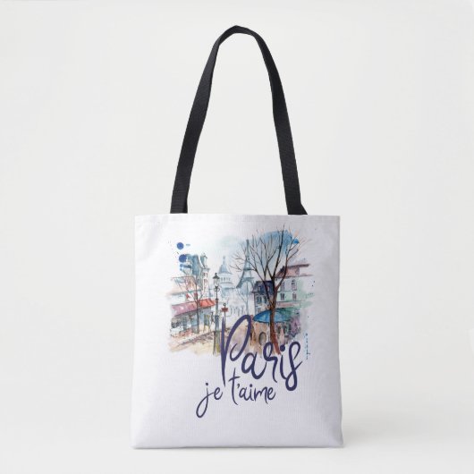 Paris Je t'aime Waterverf Calligraphy France Art Tote Bag (Voorkant)