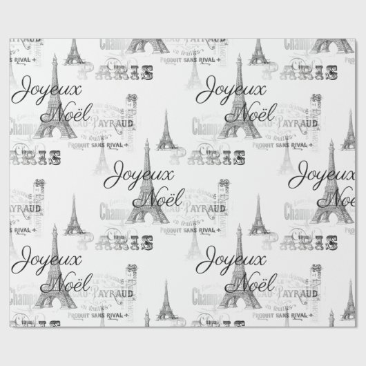 Paris Joyeux Noel Christmas B&W Inpakpapier (Vlak)