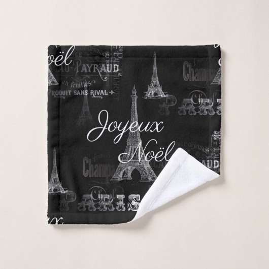 Paris Joyeux Noel Kerstmis Black Towel Set Bad Handdoek (Wasdoekje)