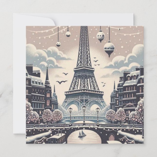 Paris Kerstposter – Eiffel Toren Besneeuwde Winter (Voorkant)